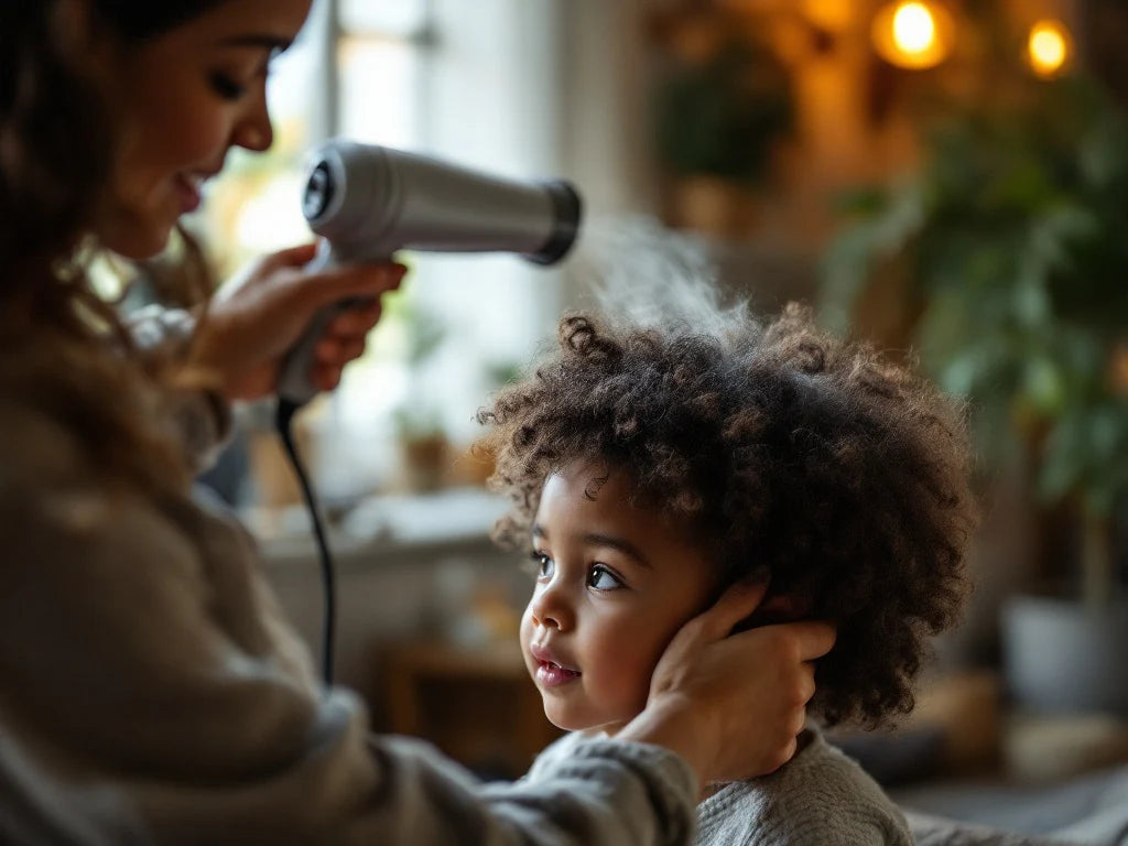 Maman séchant délicatement les cheveux texturés de son enfant avec un sèche-cheveux