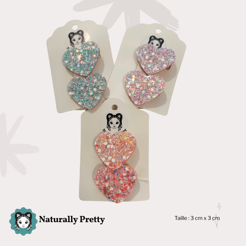 Barrettes cœur pailletées rose, mauve et turquoise pour enfant – Naturally Pretty