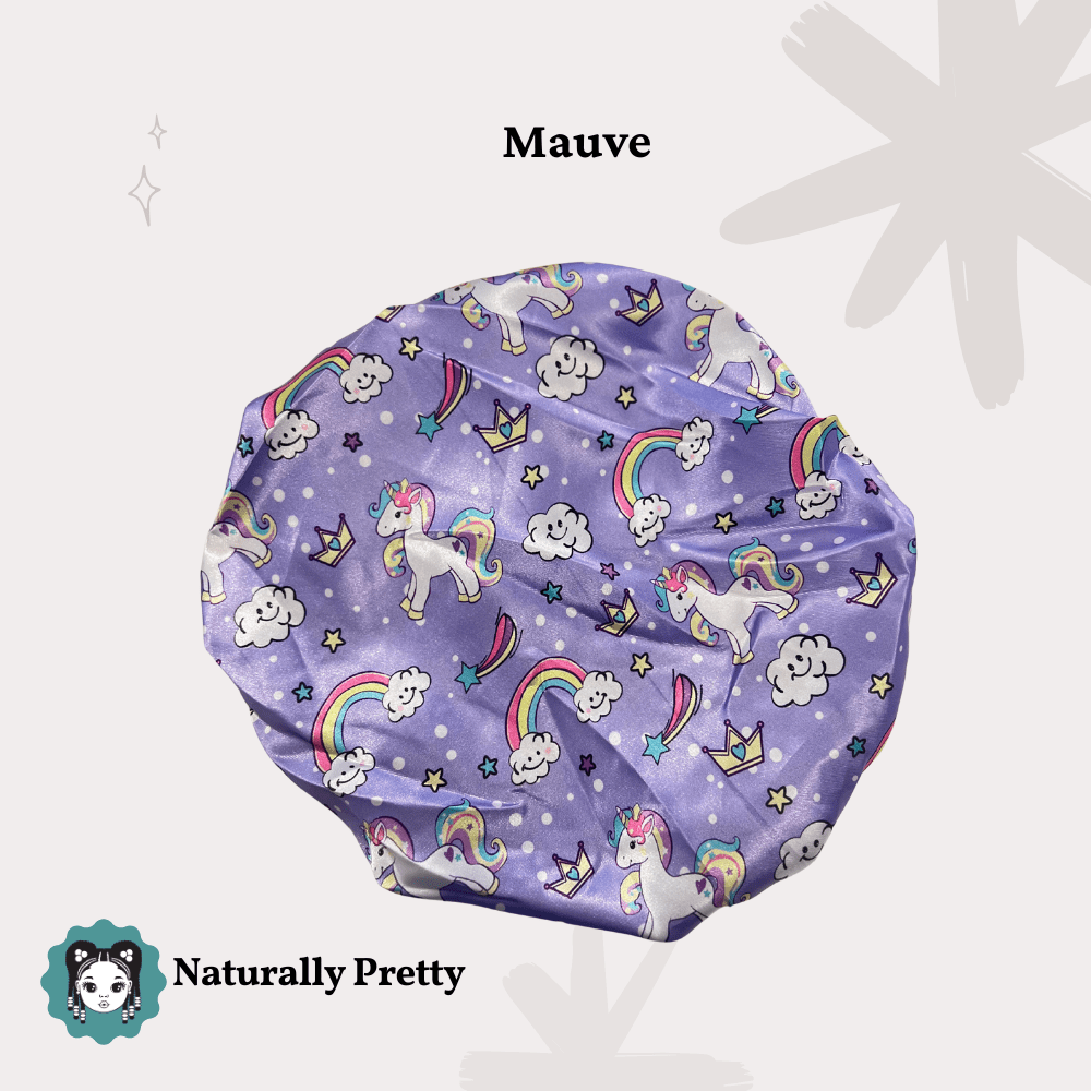 Bonnet de nuit en satin mauve à motif licorne pour enfant
