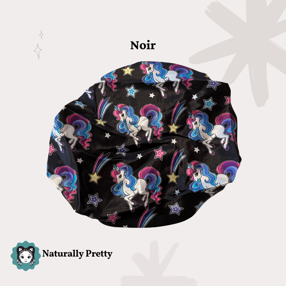 Bonnet de nuit en satin noir à motif licorne pour enfant