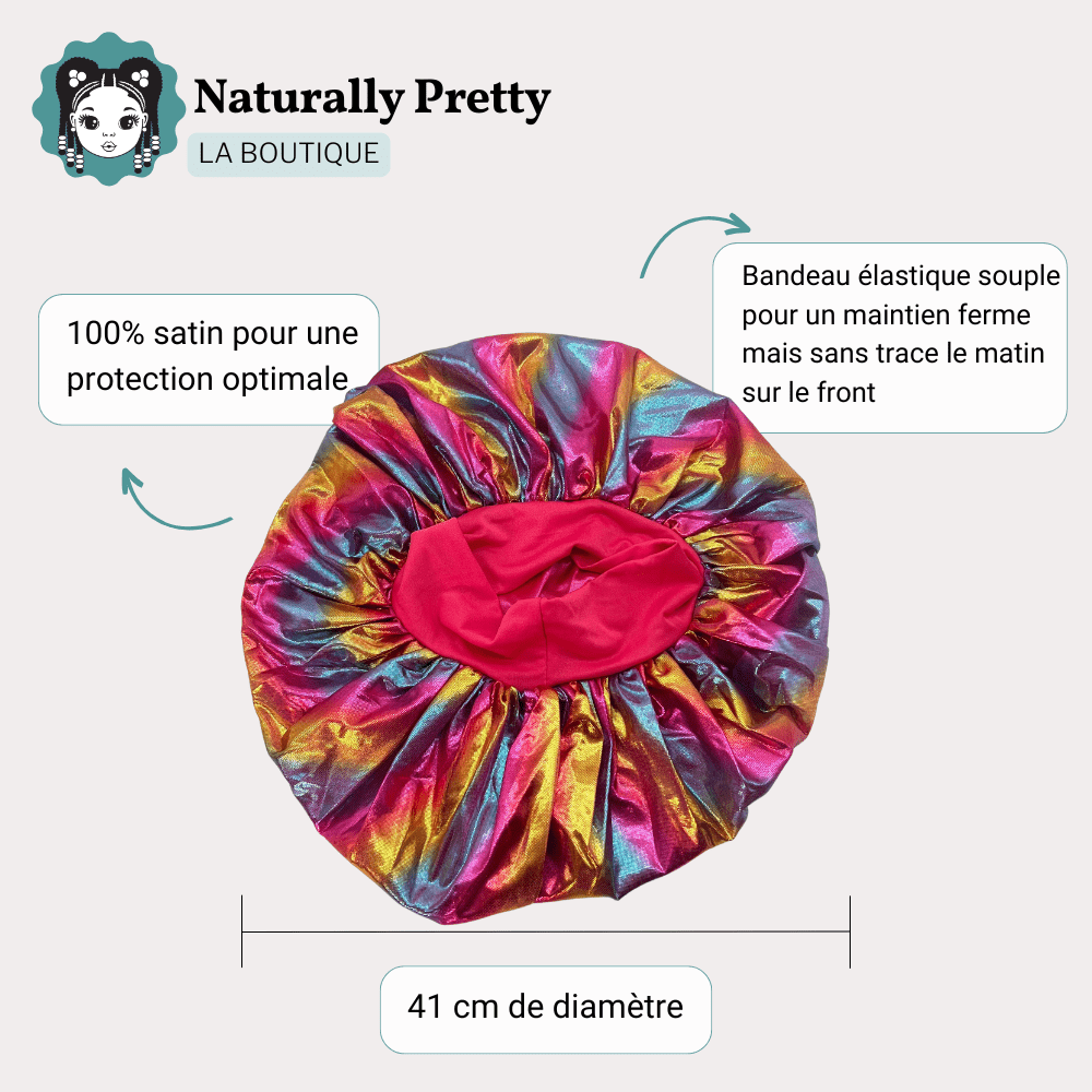 Bonnet en satin conçu pour maintenir l’hydratation des cheveux volumineux