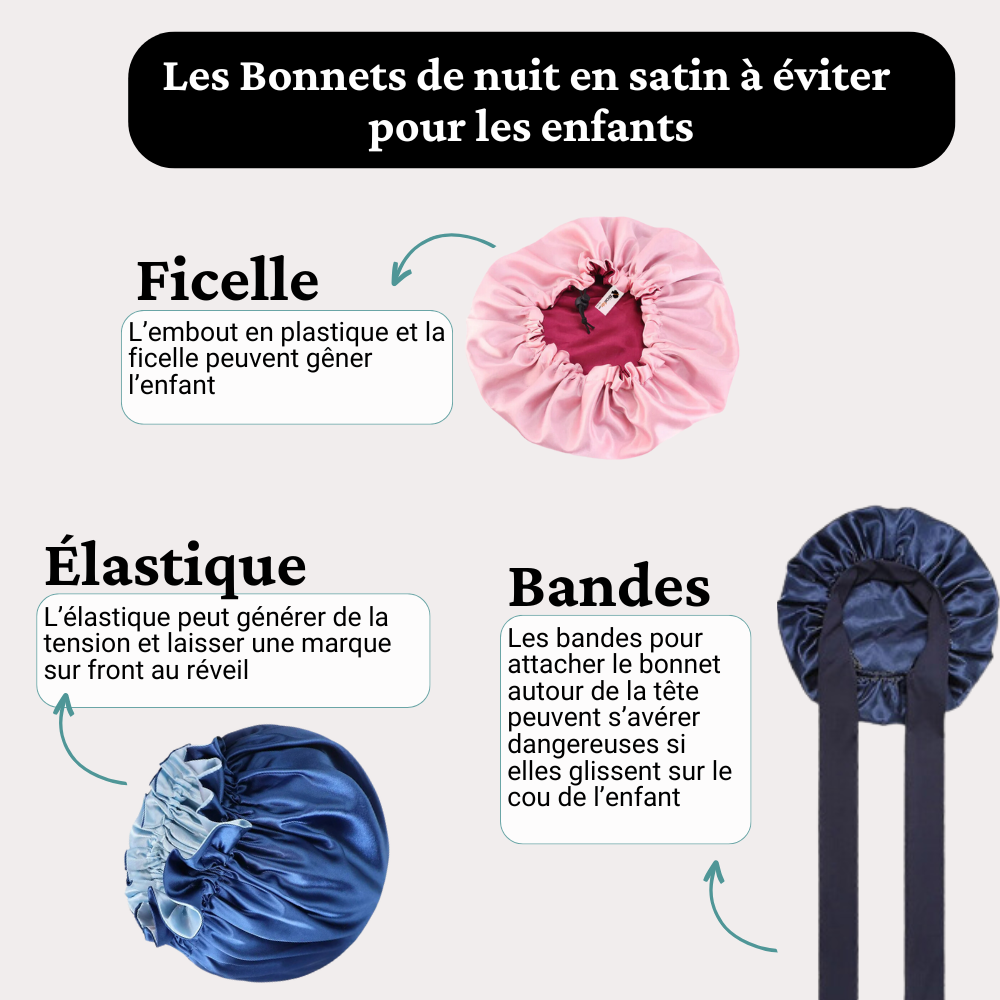 Guide des bonnets en satin à éviter pour la sécurité et le confort des enfants : modèles avec ficelle, élastique fin et bandes