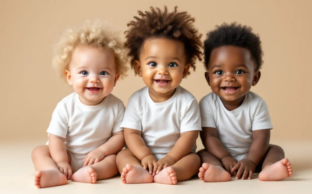 Trois bébés souriants illustrant les différentes types de cheveux enfant naturels : type 3A-3B (bouclé), 3C-4A (frisé) et 4B-4C (crépu)