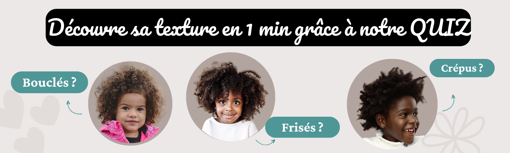 Visuel interactif montrant trois enfants aux cheveux texturés : bouclés, frisés et crépus, avec un quizz pour découvrir la texture des cheveux de votre enfant.