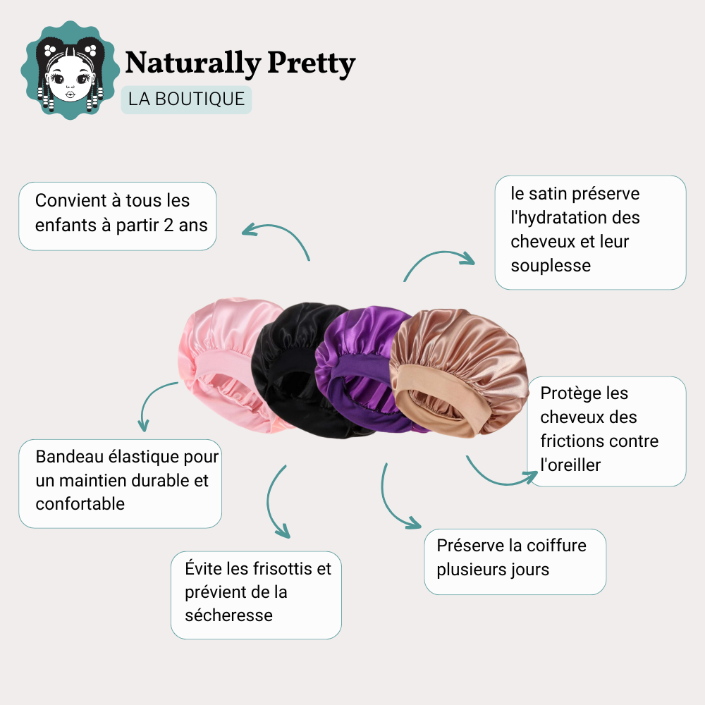 Collection de bonnets en satin Naturally Pretty : rose, noir, violet et beige avec bandeau élastique confortable, adaptés aux enfants dès 2 ans