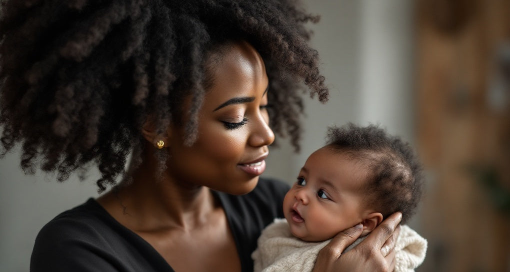 maman noire tenant son bebe dans ses bras