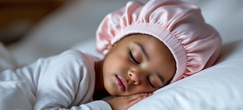 Enfant souriant portant un bonnet en satin protecteur pour cheveux texturés pendant le sommeil