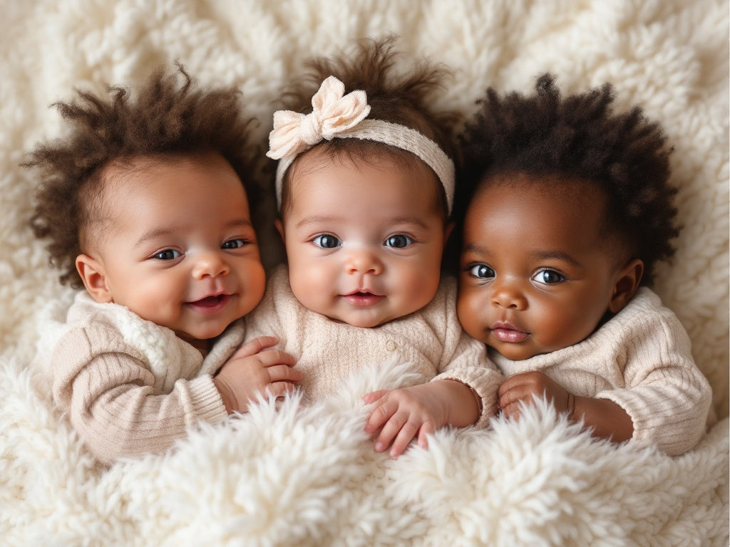 Trois bébés souriants illustrant les différentes textures de cheveux naturels : type 3A-3B (bouclé), 3C-4A (frisé) et 4B-4C (crépu)