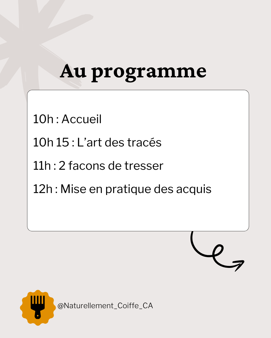 Programme : accueil à 10 h, art des tracés à 10 h 15, deux façons de tresser à 11 h et mise en pratique à 12 h.
